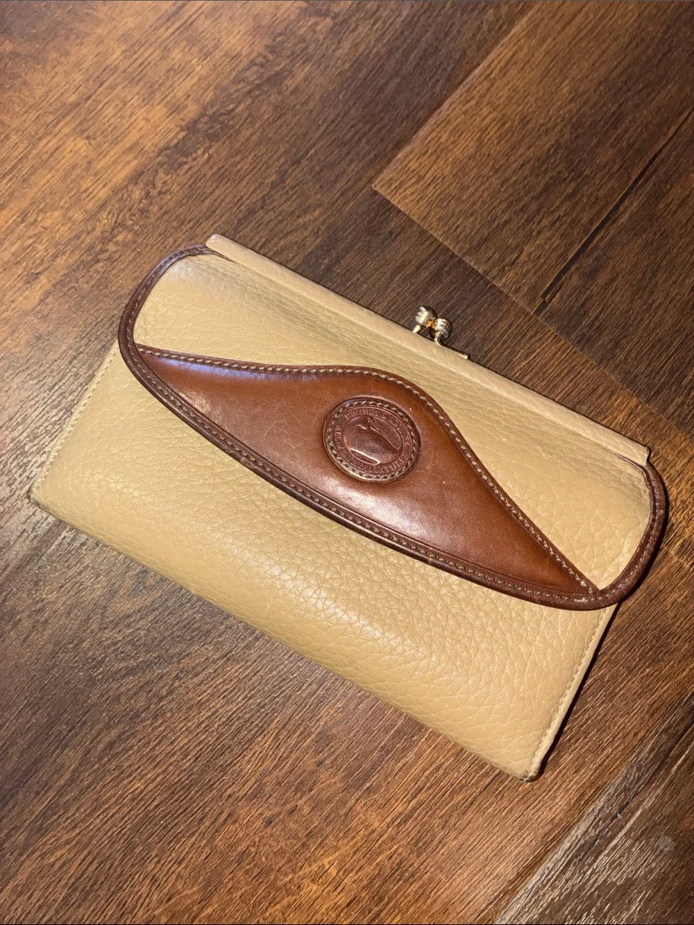 Vintage Dooney & Bourke Leather Kiss-Lock Wallet Taupe with Brown Trim